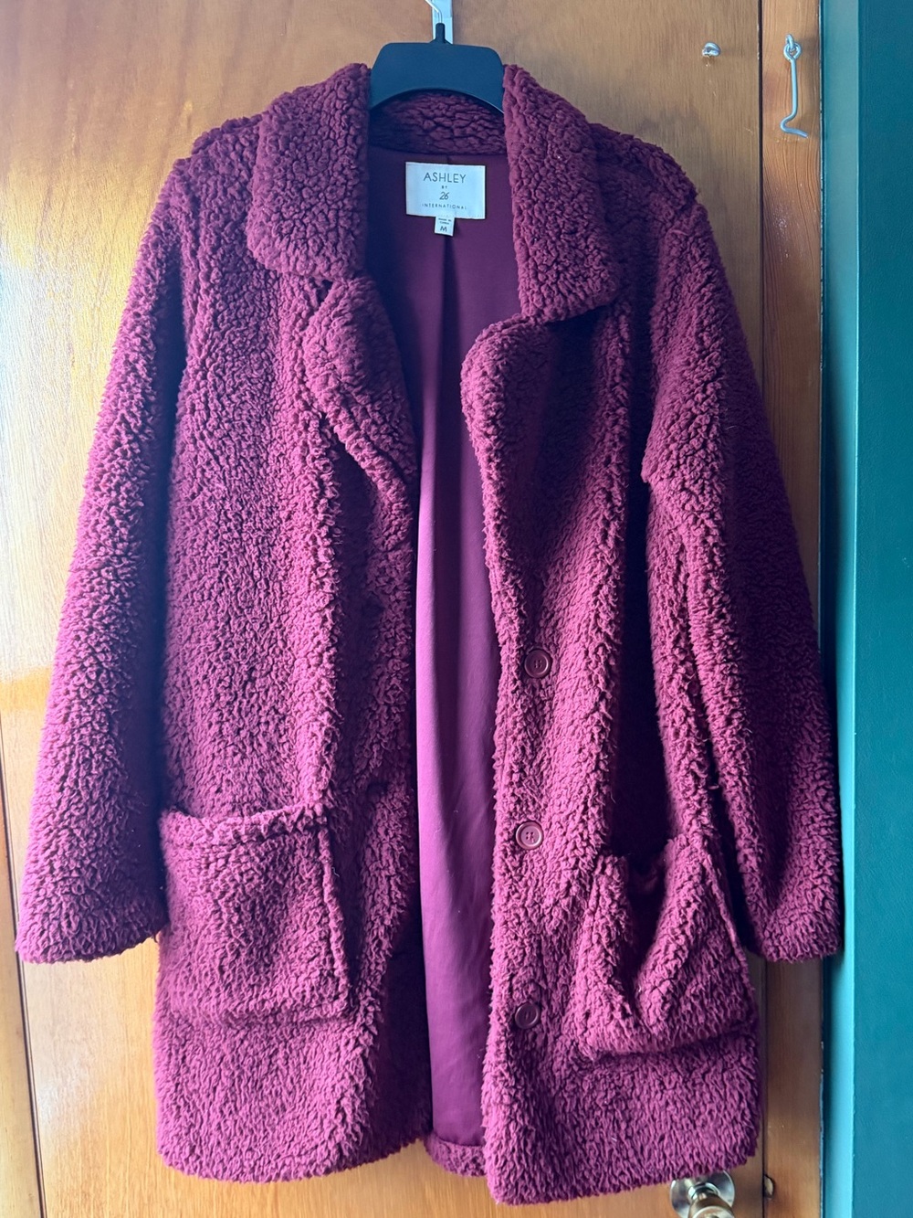 Ashley By 26 International Maroon Teddy Jacket - Plush Button-Front Coat